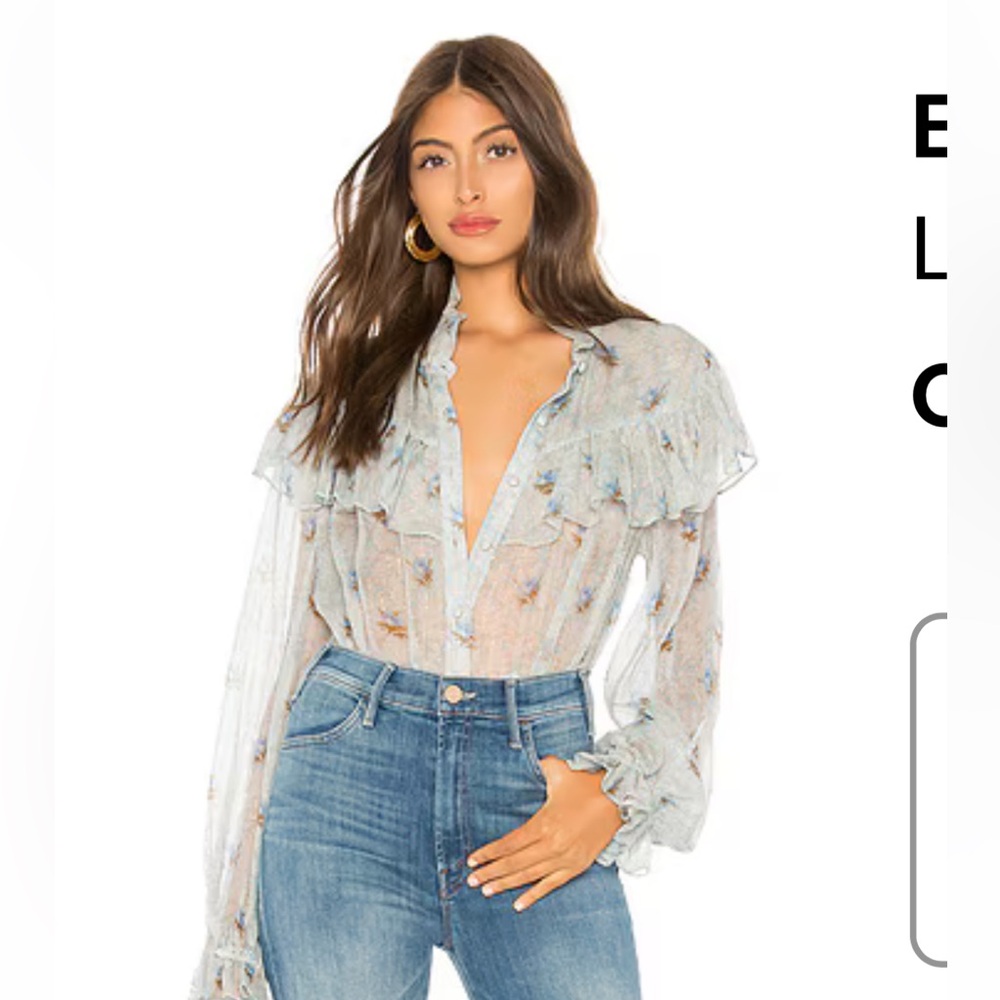 LoveShackFancy Floral Ruffle Blouse - Blue and Cream